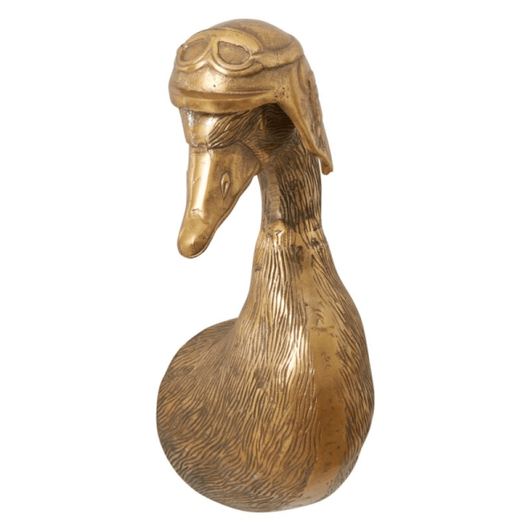 Bronze duck sculpture wearing vintage aviator goggles and a pilot cap, a quirky and playful accent piece featured by Urban Goods & Garden in Wilmington, NC.