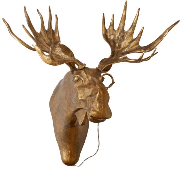 Sculptural gold moose head with detailed antlers and a ring with chain, a bold and whimsical decor piece featured by Urban Goods & Garden in Wilmington, NC.