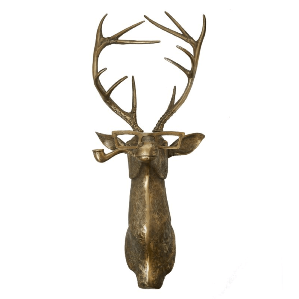 Bronze-finished deer sculpture with antlers, glasses, and a pipe, highlighting the quirky and artistic home decor offered by Urban Goods & Garden in Wilmington, NC.