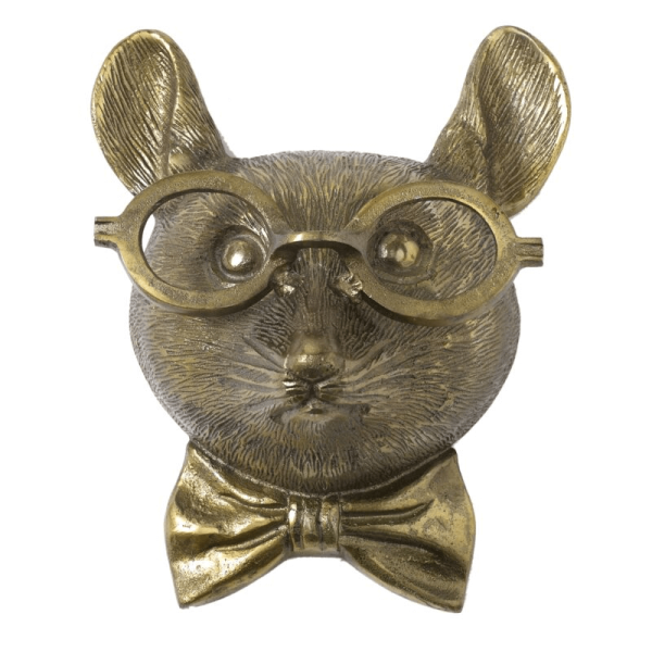 Whimsical bronze mouse sculpture wearing round glasses and a bow tie, featured by Urban Goods & Garden as a playful accent for eclectic interiors in Wilmington, NC.