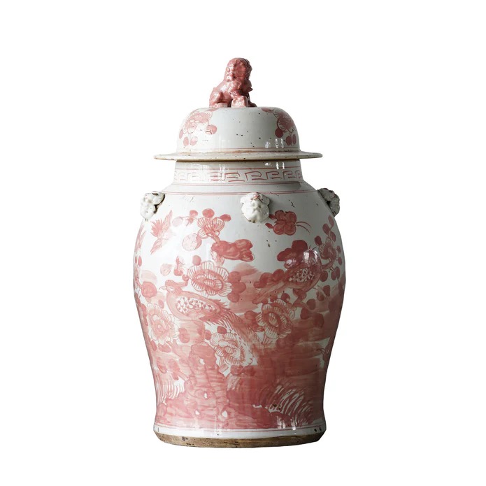 Jingdezhen Hand-Painted Temple Jar, Red with Flowers - Image 2