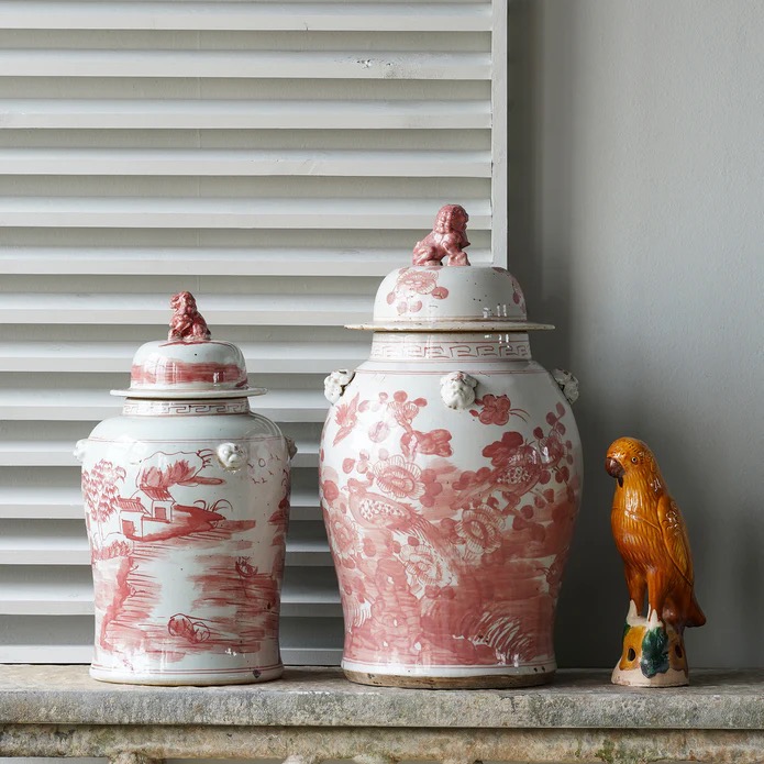 Jingdezhen Hand-Painted Temple Jar, Red with Flowers